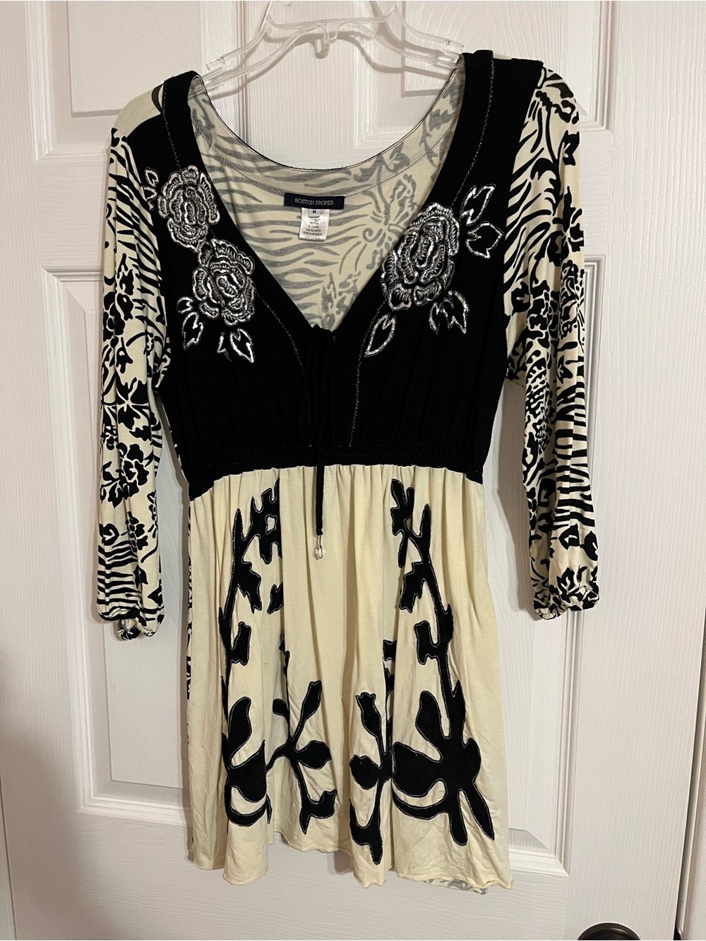 Boston Proper Black and Cream Embroidered V-Neck Empire Dress